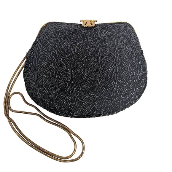 Vintage Black Seed Beaded Clamshell Hinge Crossbody Evening Bag Gold Chain - Picture 4 of 8
